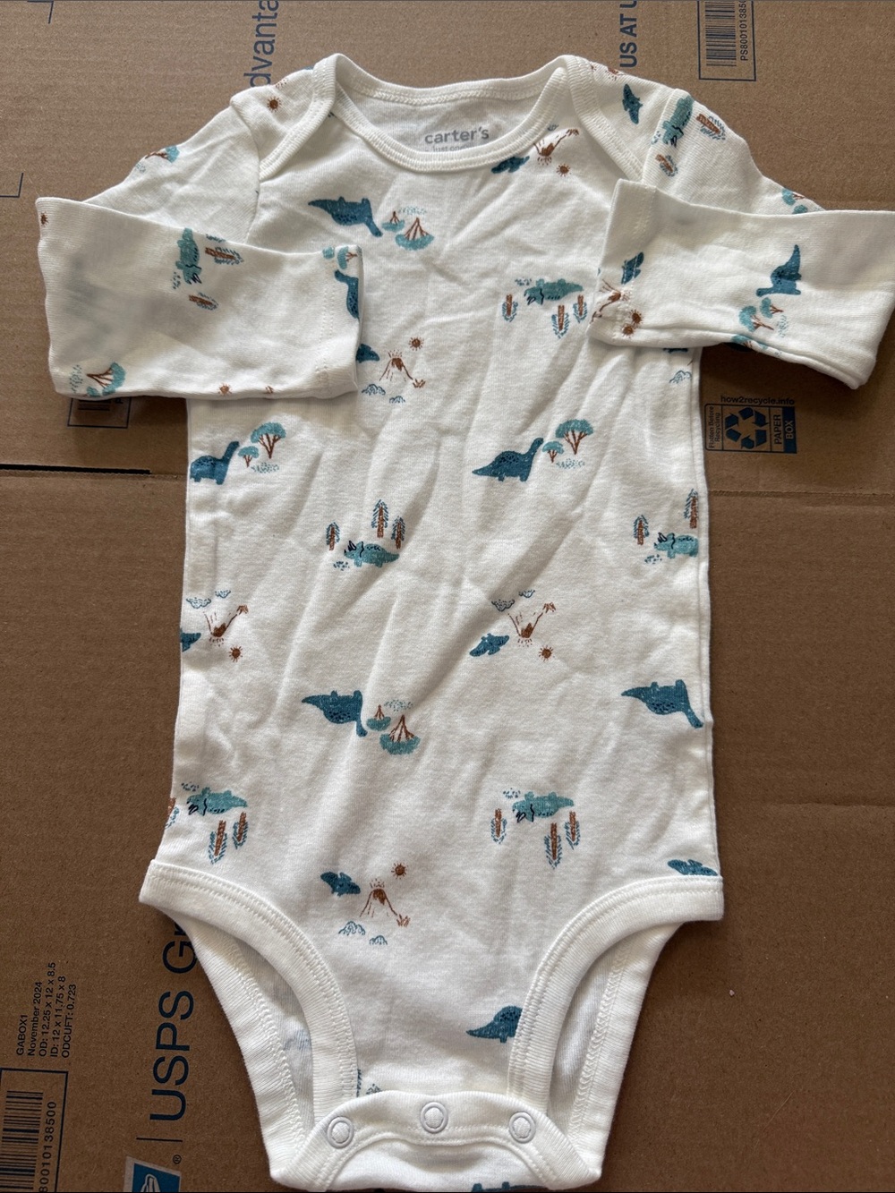 Carter's White Long-Sleeve Dino & Volcano Print One-Piece